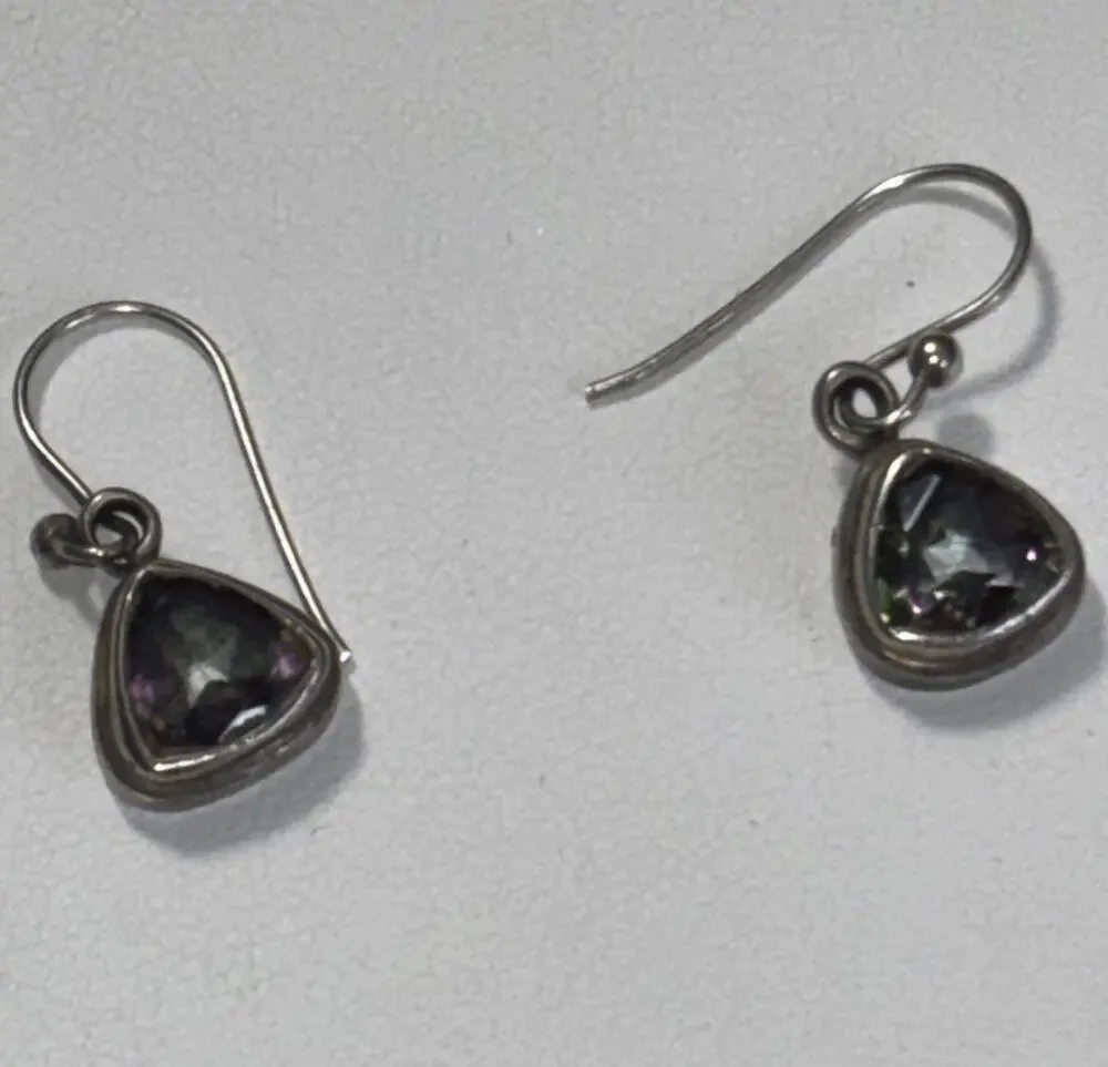 Vintage 925 Sterling Silver Mystic Topaz Triangle Dangle Earrings Rainbow 3.8 Gr